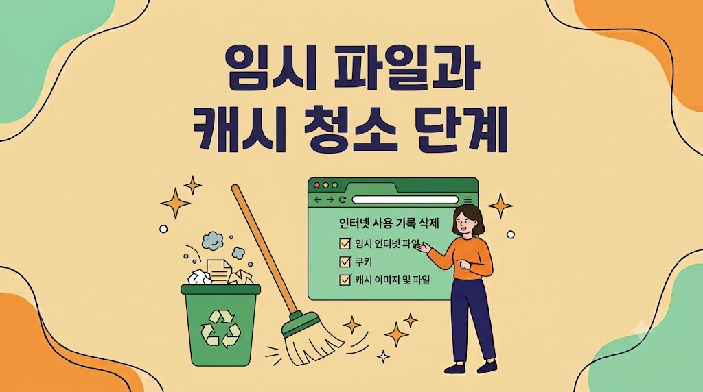 크롬 다운로드 실패 시 임시 파일과 캐시를 청소하는 단계를 설명하는 안내 이미지