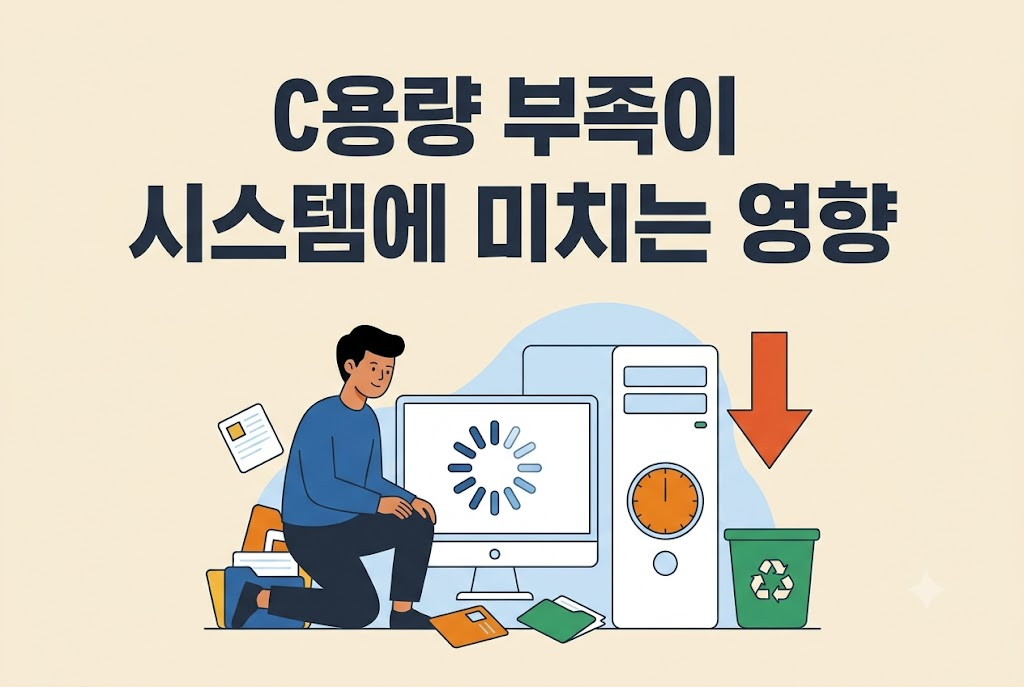 C 드라이브 용량 부족으로 시스템 속도가 느려진 상황 안내 이미지