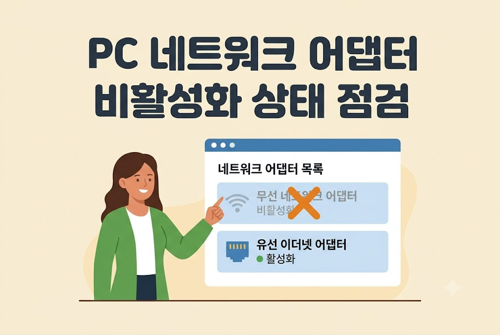 와이파이 안 잡힘 원인 중 PC 네트워크 어댑터 비활성화를 점검하는 방법 안내 이미지