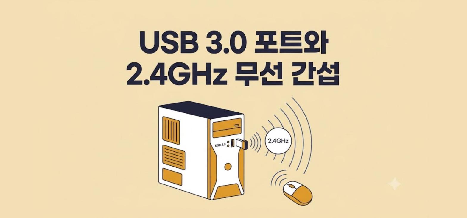 USB 3.0 포트와 2.4GHz 무선 수신기 사이의 전파 간섭을 설명하는 안내 이미지