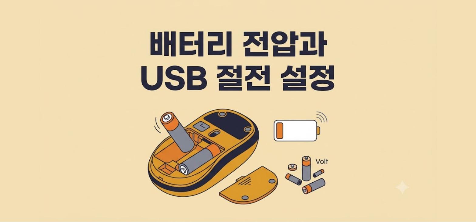 무선 마우스 배터리 전압 저하와 USB 선택적 절전 설정을 점검하는 안내 이미지