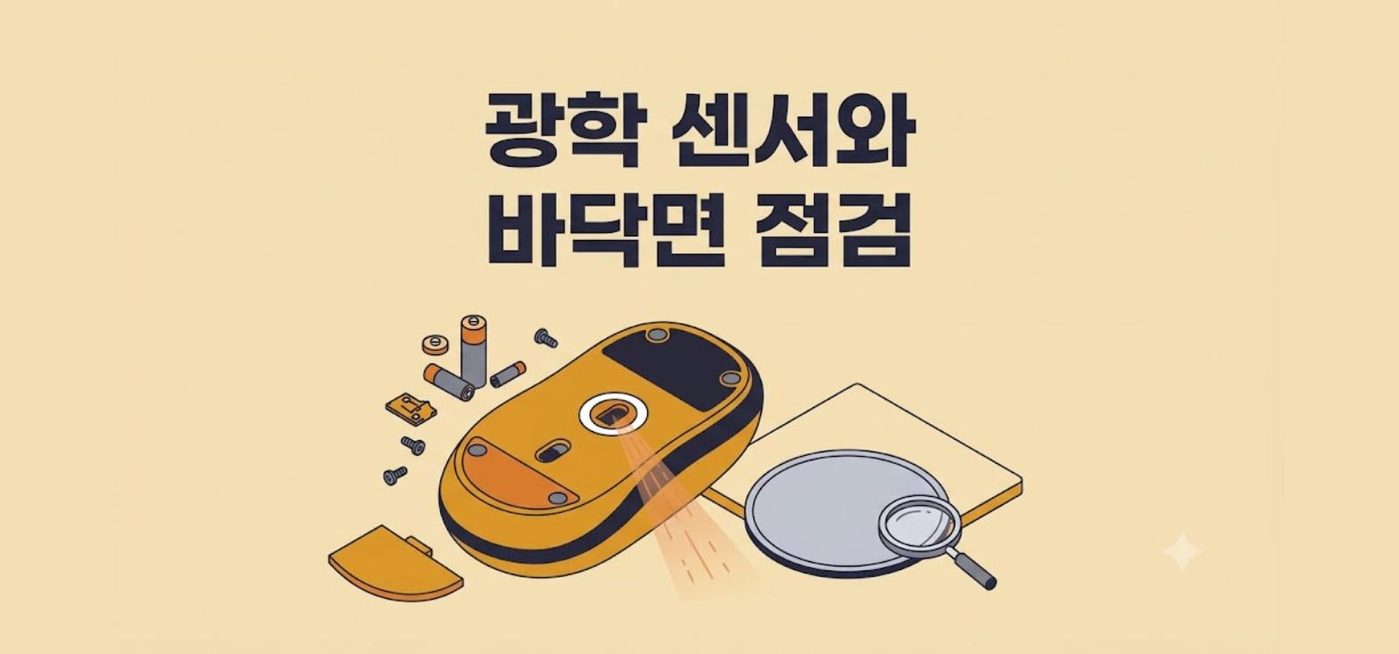 광학 센서와 바닥면 재질이 만드는 포인터 떨림을 점검하는 안내 이미지
