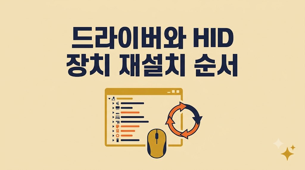 마우스 드라이버와 HID 장치를 재설치하는 순서를 설명하는 안내 이미지