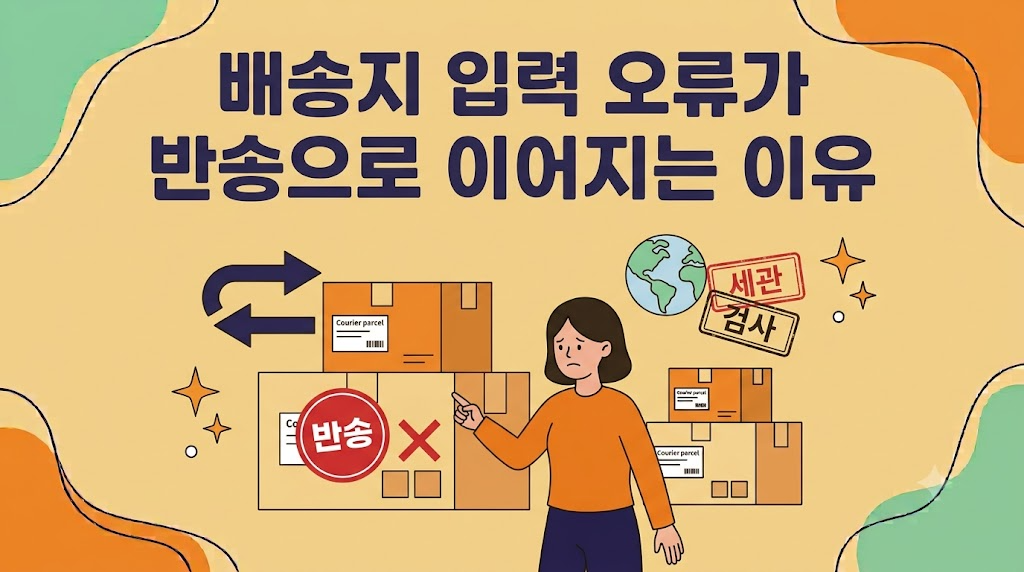 해외직구 배송지 입력 오류가 반송과 통관 지연으로 이어지는 과정을 정리한 이미지
